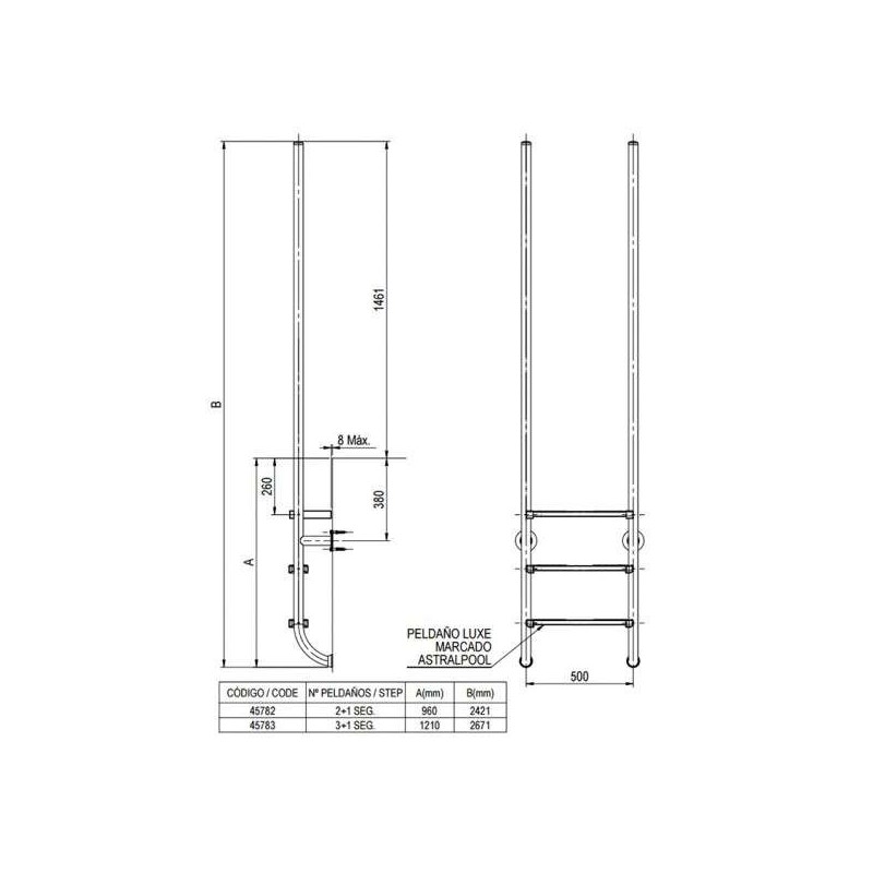 ESCALERA ELEGANCE 3 PELDAÑOS IPE+INOX + 1 SEGURIDAD AISI 316. 45901