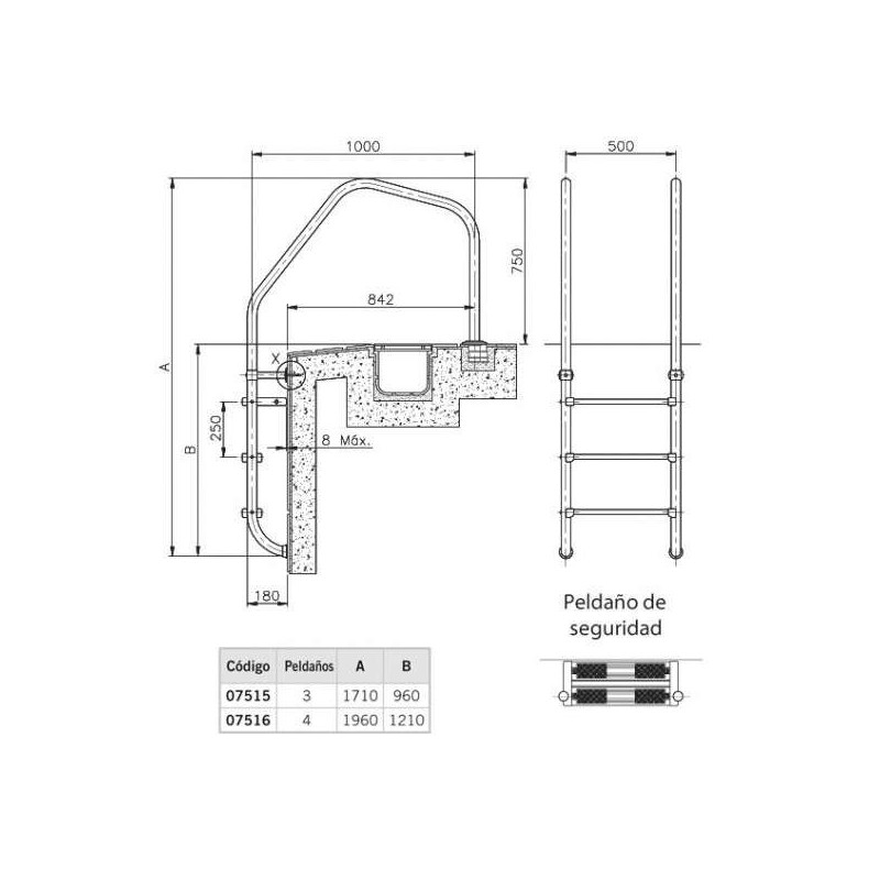 ESCALERA MODELO 1000 PARA REBOSADERO 2 PELDAÑOS LUXE+1 SEG.. 07515